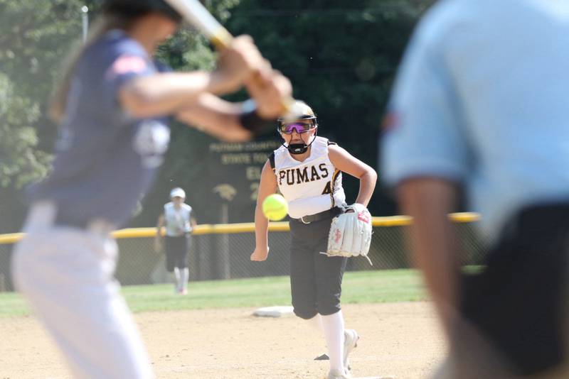 Putnam County's Reece Lenkatis makes her pitch against Fieldcrest on Monday, Aug. 11 game in McNabb. The Pumas won 13-3.