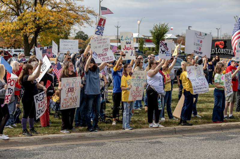 Protestors line Plainfield Road in Joliet during the No Kings Protest in Joliet on Oct. 18, 2025.