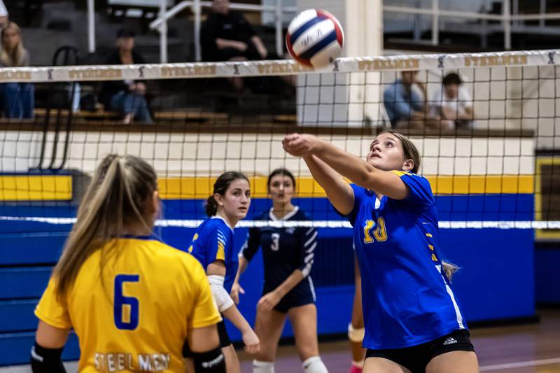 Joliet Central's Lexi Webb passes to a teammate during a varsity volleyball home game against Lisle on Sept. 22, 2025.