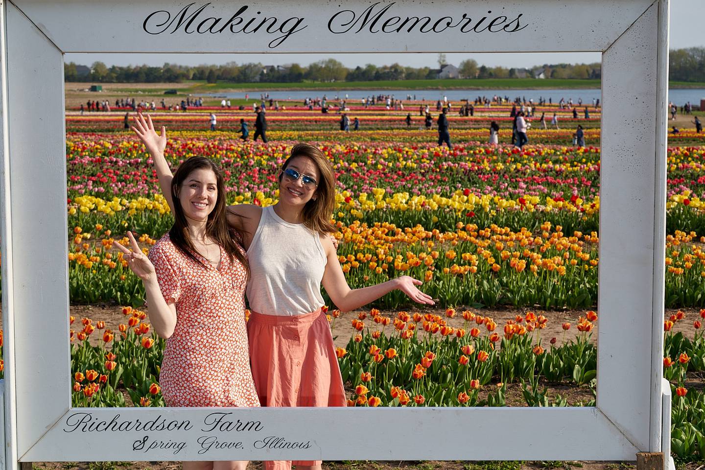 Two friends pose in the photo frame located at the Richardson Farm Tulip Festival. This year's fest, the fifth annual, opens Saturday, April 26, at the farm, 909 English Prairie Road, Spring Grove.
