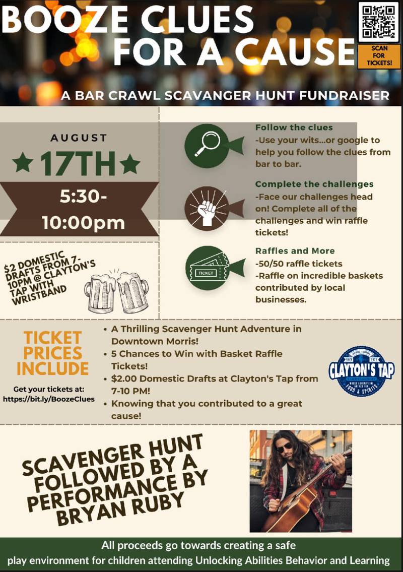 The flyer for the Booze Clues event at Clayton's Tap in Morris.