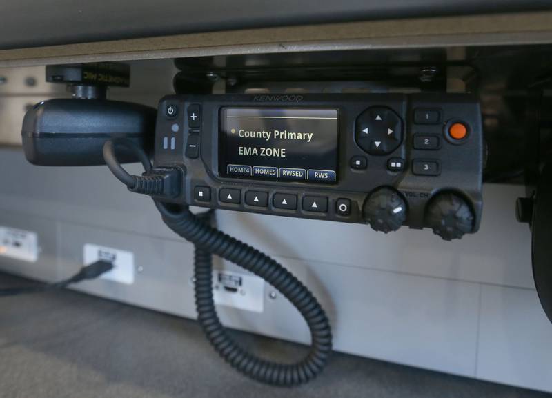 A view of a radio dispatch area inside the La Salle County’s new Mobile Operations & Communications Center during an open house on Monday, March 9, 2026 at the La Salle County Government Complex in Ottawa. The 32 foot command vehicle enhances the county’s ability to coordinate emergency response operations, support multi-agency incidents, and maintain resilient communications during disasters and large-scale events.
