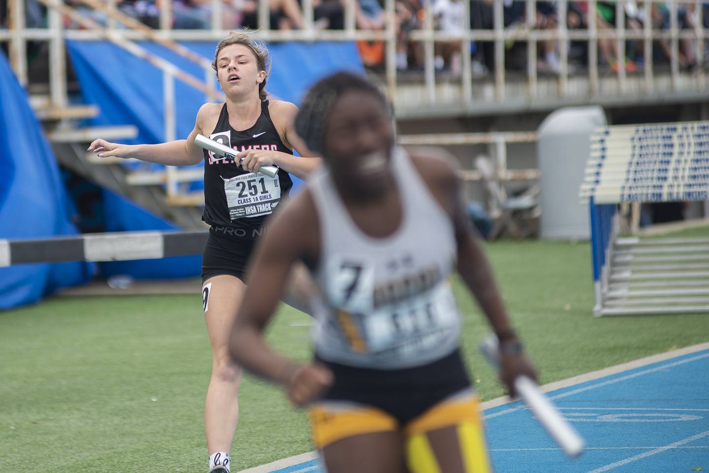 Fulton's Lauren Mahoney competes in the 1A 4x2 finals during the IHSA girls state championships, Saturday, May 21, 2022 in Charleston.