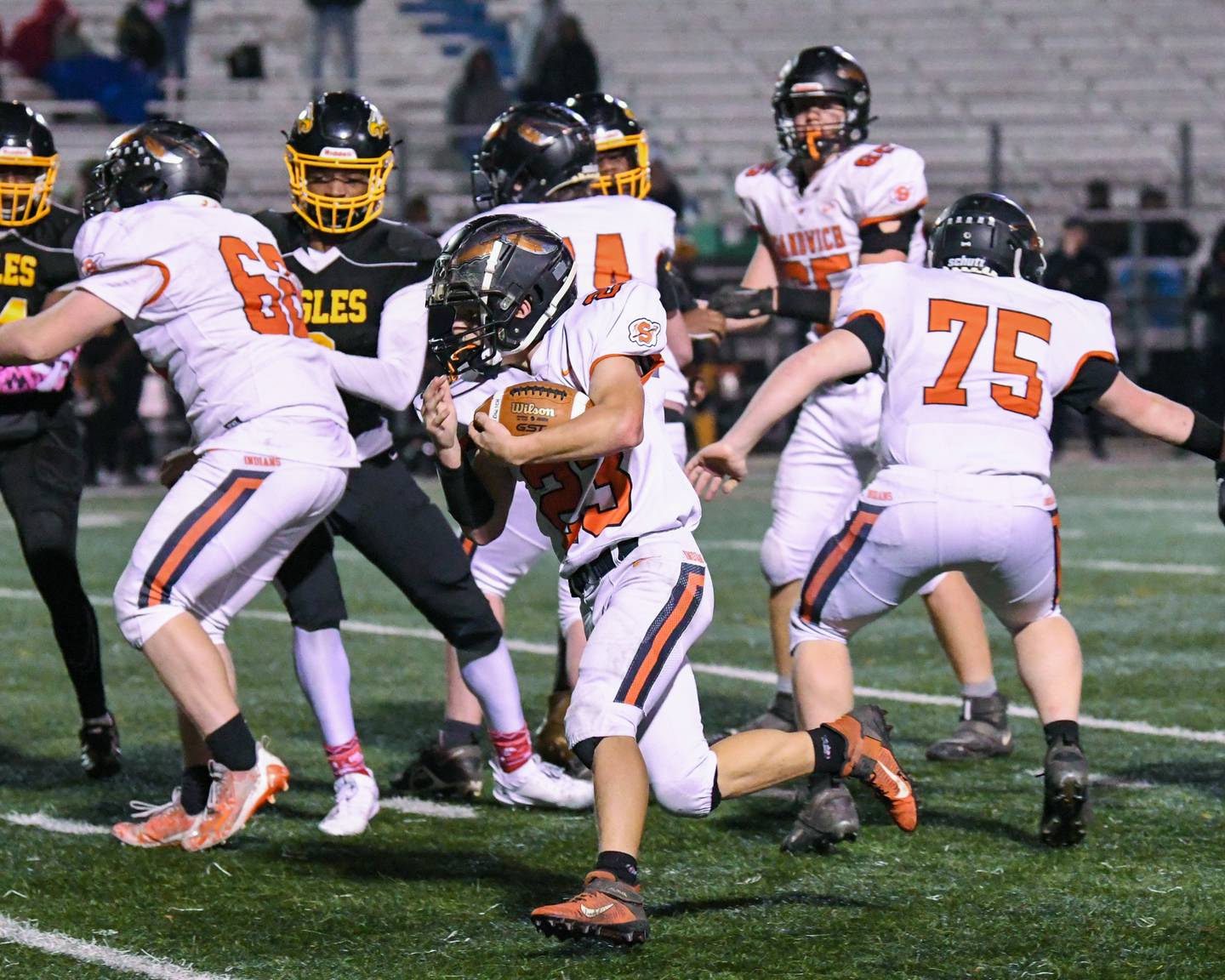 Sandwich's Nate Hill (23) runs the ball during the fourth quarter on Saturday Nov. 4, 2023, while playing against Dyett High School at Gately Stadium in Chicago.