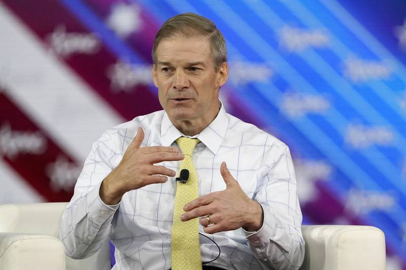 FILE - Rep. Jim Jordan, R-Ohio, takes part in a discussion at the Conservative Political Action Conference (CPAC) Feb. 26, 2022, in Orlando, Fla. Texting with then-White House chief of staff Mark Meadows, a close ally and friend, at nearly midnight on Jan. 5, 2021, Jordan offered a legal rationale for what President Donald Trump was publicly demanding — that Vice President Mike Pence, in his ceremonial role presiding over the electoral count, somehow assert the authority to reject electors from Biden-won states. (AP Photo/John Raoux, File)