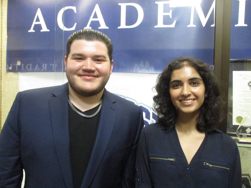 Colton Sannito, left, and Aanya Roy served as student ambassadors to the Oswego School District 308 Board of Education. (Mark Foster -- mfoster@shawmedia.com)