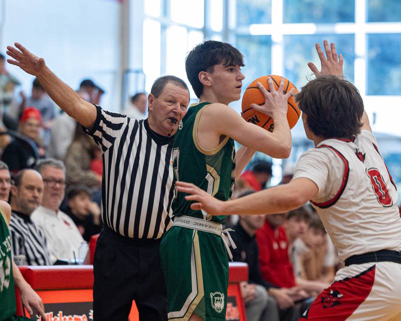 St. Bede's Alec Tomsha (3) takes ball out on sideline whilst being guarded by Hall's Greyson Bickett (0) on Saturday, January 31, 2026 at Hall High School in Spring Valley.