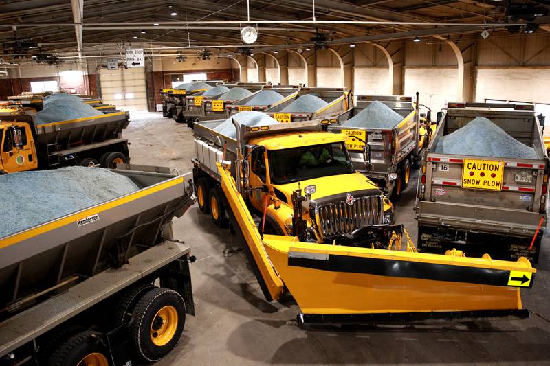 Snow plows loaded with salt are ready on Wednesday, Nov. 20, 2024 at the Kane County Department of Transportation headquarters in Campton Hills.Snow plows loaded with salt are ready on Wednesday, Nov. 20, 2024 at the Kane County Department of Transportation headquarters in Campton Hills.