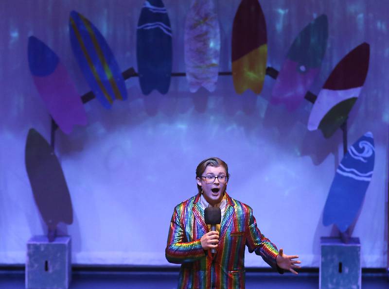 Chase Gray, playing Perch Perkins, rehearses a scene from the McHenry Community High School’s production of “The SpongeBob Musical” on Tuesday, March 7, 2023, at the school’s Upper Campus.