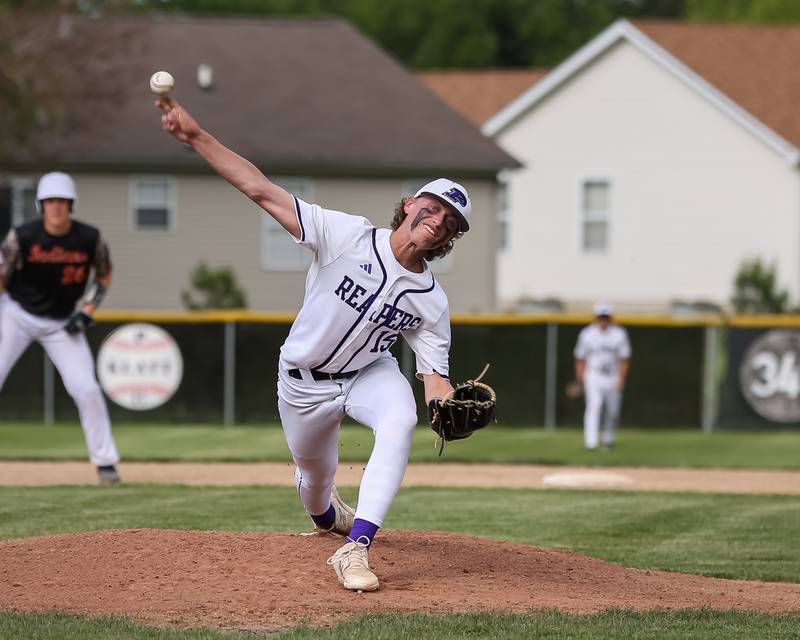 Plano's Matthew Bruell (15) delivers to the plate during baseball game between Sandwich at Plano.  May 8, 2024