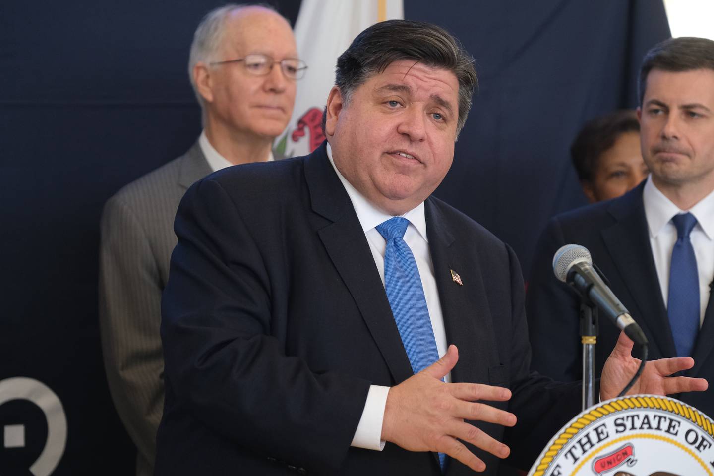 Illinois Governor J.B. Pritzker speaks at a press conference to talk about the Infrastructure Bill at the Joliet Gateway Center Bus Station ribbon cutting ceremony. Wednesday, May 4, 2022, in Joliet.