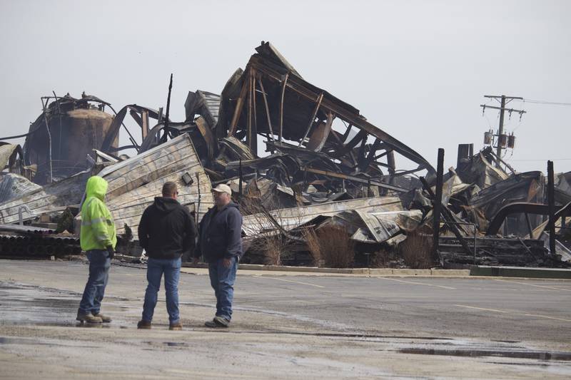 The aftermath of a fire on Monday, April 14, 2025, that destroyed a building at the site for Rovanco Piping Systems, 20535 SE Frontage Road, Joliet.