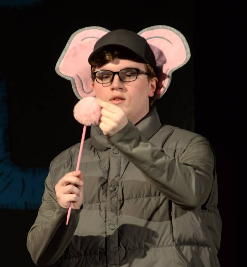Horton the Elephant (Caleb Ward) communicates with the Who people who live on a clover bud during the Oregon High School's presentation of "Seussical The Musical" on Friday, March 14, 2025 in the OHS Theater.