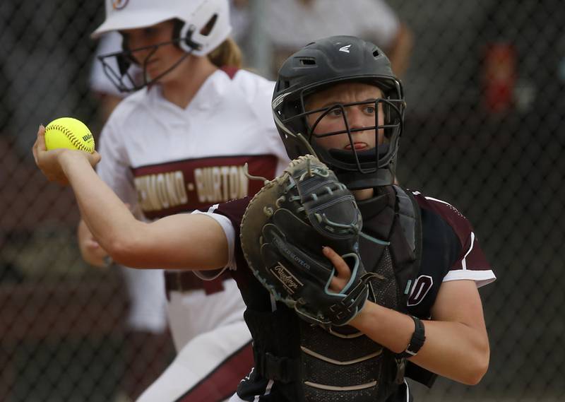 Marengo's Kylee Jensen throws to first base to turn a double play during a Kishwaukee River Conference softball game against Richmond-Burton on Monday, May 12, 2025, at Richmond-Burton High School in Richmond.