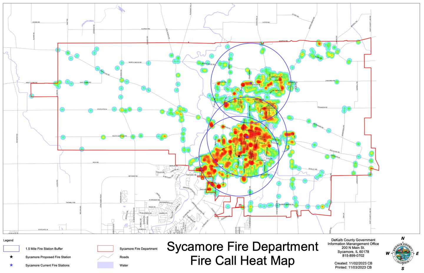 A heat map of all of the calls for emergency response in the city of Sycamore, created by Sycamore Fire Chief Bart Gilmore and the DeKalb County Information Management and Geographic Information System office.