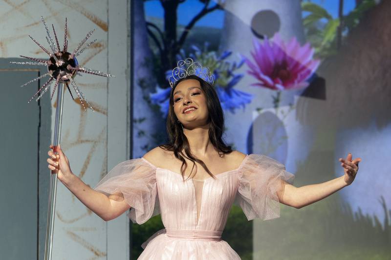 Olivia Clark, playing Glinda, acts out a scene during rehearsal Wednesday, April 9, 2025, for Newman High School’s rendition of “The Wizard of Oz.”