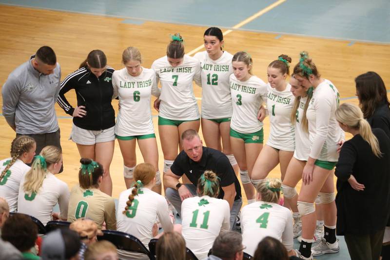 Seneca head volleyball coach Noah Champene talks to his team during a timeout in the Class 2A Sectional semifinal game on Tuesday, Nov. 5, 2024 at Bureau Valley High School.