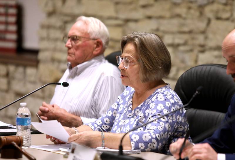 Ellen Nottke (right), candidate for Kane County Board District 2, answers a question during a candidate forum for the 2024 General Election hosted by the League of Women Voters of Central Kane County on Monday, Sept. 30, 2024 at Batavia City Hall.