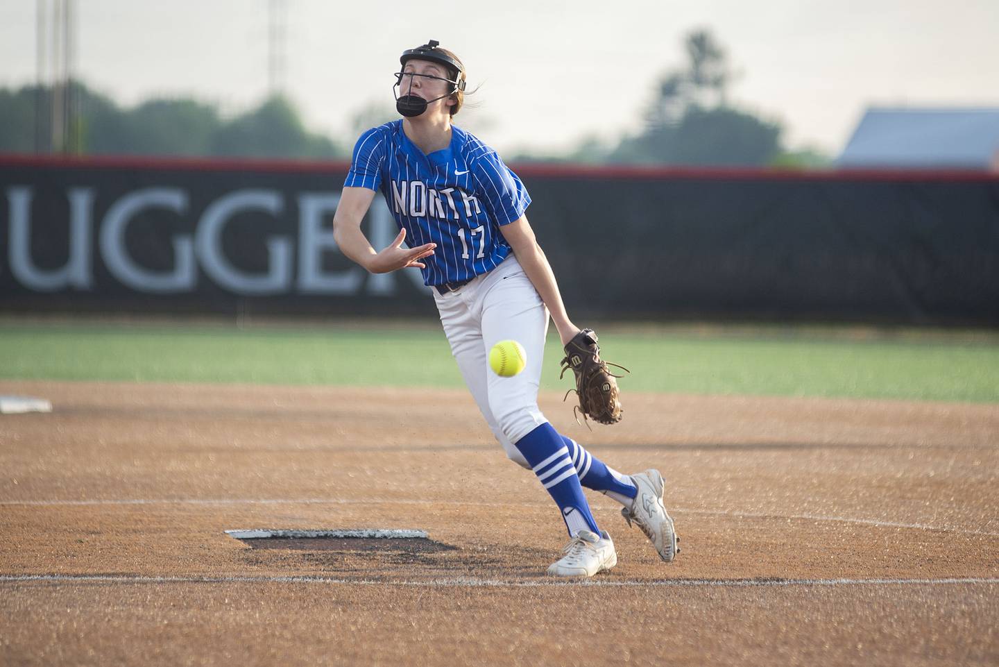 St Charles North’s Ava Goettel fires a pitch against Edwardsville Friday, June 10, 2022 in the class 4A IHSA state softball semifinal game.