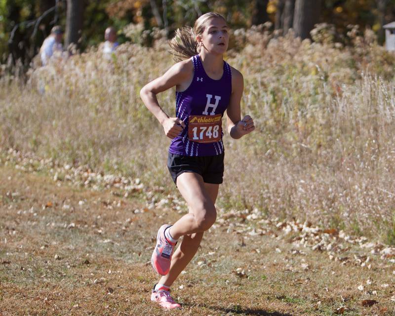 Hampshire's Reese Long  heads for the finish line at the Fox Valley Conference meet on Saturday, Oct. 19,2024 at Hickory Nut Grove Preserve in Cary.