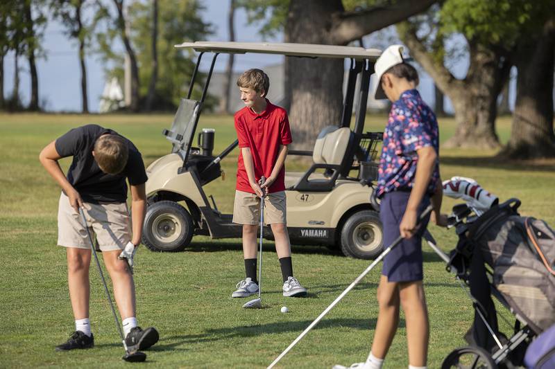 A group of young golfers prepares to tee off Wednesday, Sept. 10, 2025. The kids play in four groups of four and play best ball.