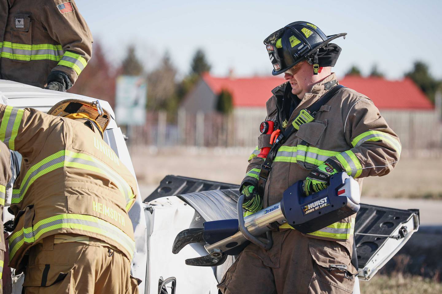 Crews from the Marengo Fire & Rescue Districts and Union Fire Protection District worked to cut a man out of his wrecked pickup truck following a crash Tuesday morning near Union.
