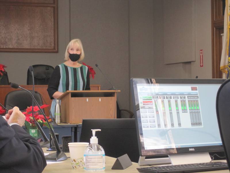 Kane County Board Chairman Corinne Pierog, D-Batavia, conducts Monday's special meeting. The board approved Pierog's initiative to require facial coverings and social distancing in the county government center's main building.