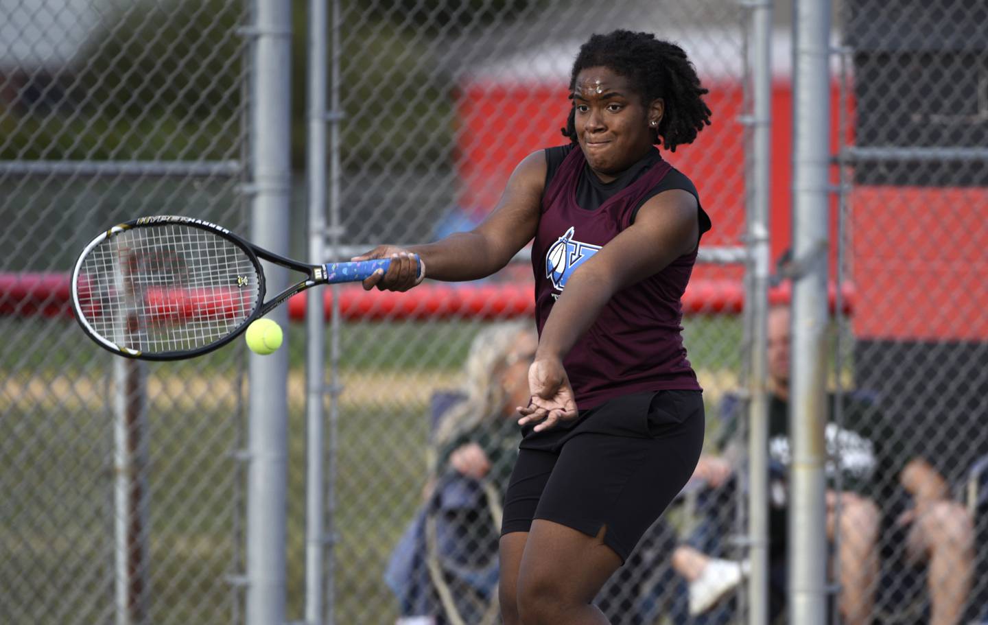Kankakee's Charisma Hill makes a return hit in the first place doubles match of the All-City tournament against Bradley-Bourbonnais on Wednesday, October 1, 2025.