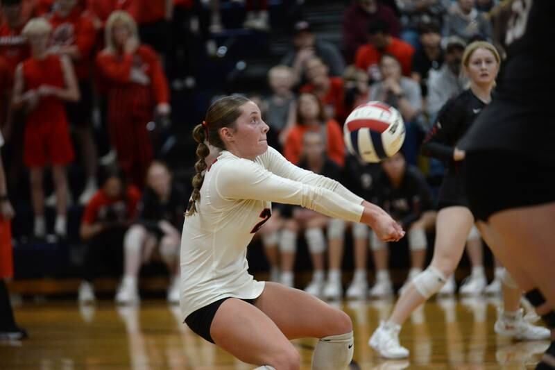 Fulton's Resse Germann (22) digs the ball against Galena during 1A action at the Polo Sectional on Tuesday, Nov. 5, 2024 at Polo High School.