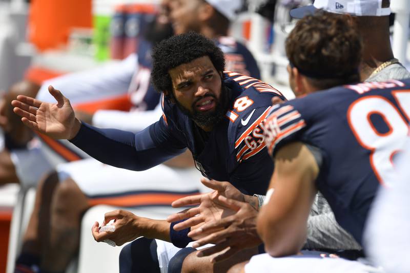 Chicago Bears quarterback Caleb Williams in action during the first half of an preseason NFL football game against the Buffalo Bills, Saturday, Aug. 10, 2024, in Orchard Park, NY. (AP Photo/Adrian Kraus)