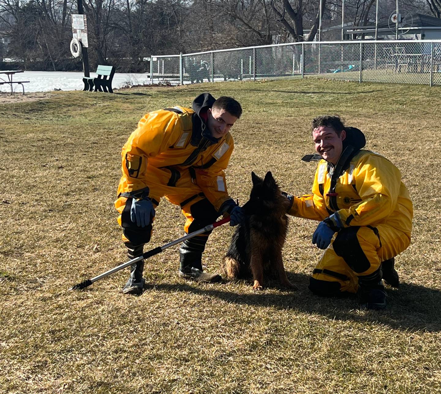 Oaklee the German shepherd ran onto a partially ice-covered Wonder Lake in Wonder Lake on Feb. 6, 2024, and was rescued by the Wonder Lake Fire Protection District. Oakley with some of her rescuers after she got back on dry land.