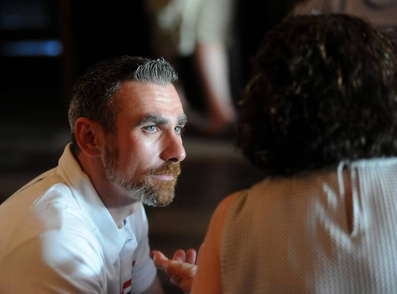 Robb Tadelman talks with Barb Lincoln during his primary election night watch party Tuesday June 28, 2022, at the Lincoln Farmstead, 8401 Route 47 in Huntley. Tadelman was one of two Republican candidates running to be McHenry County’s next sheriff.