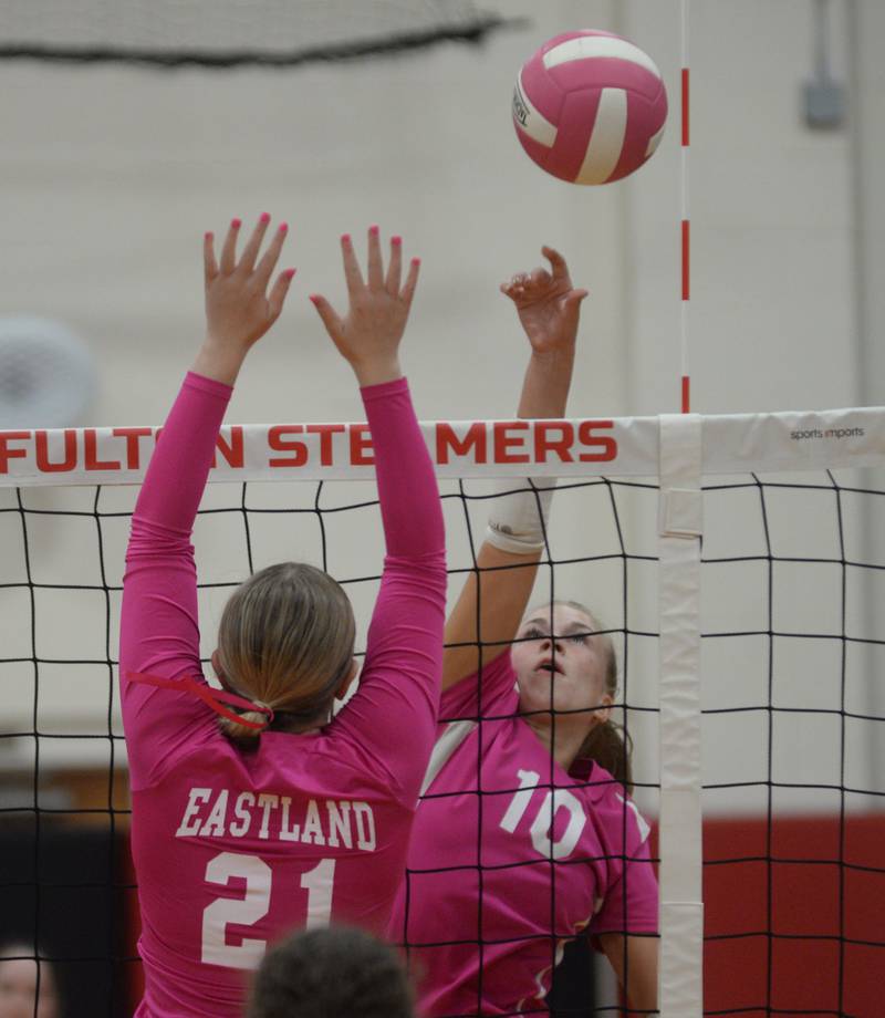 Fulton's Averi Bush directs the ball past an Eastland player  during a Tuesday, Oct. 7, 2025 match in Fulton.