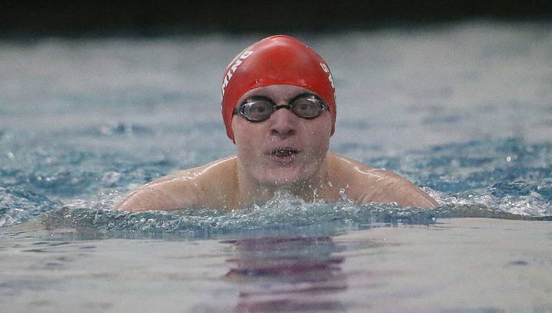 Morrison swimmer Gavin Streets-Wood competes in the 100 yard breststroke event during a triangular meet against Olympia and L-P on Wednesday, Jan. 22, 2025 at the Illinois Valley YMCA in Peru.