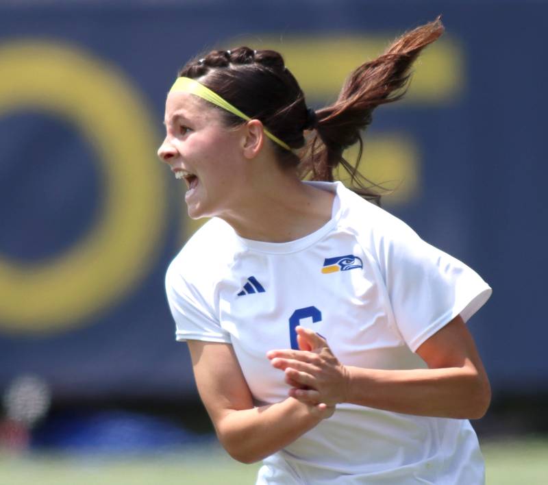 Johnsburg’s Liz Smith rejoices after her late goal tied the game in regulation against Willows Academy in IHSA Class 1A Supersectional soccer action at Dominican University in River Forest on Saturday, May 31, 2025.