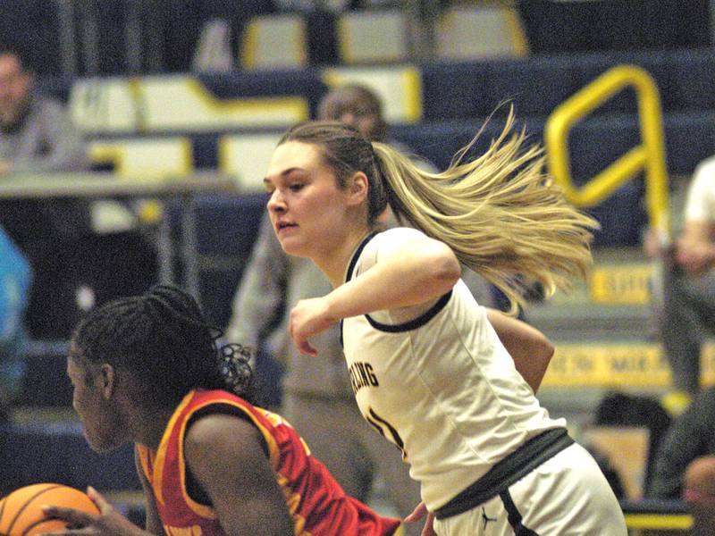 Natalie Eddinger defends against a Rock Island player. Western Big 6 conference champions Sterling hosted Rock Island in girls basketball. The action took place Thursday, February 13, 2025 at Musgrove Fieldhouse at SHS.