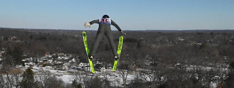 Jacob Larson of St. Paul, Minnesota is airborne at the Norge Ski Jump 121st Annual Winter Tournament on Feb. 1, 2026 at the Norge Ski Club, 100 Ski Hill Road, Fox River Grove.