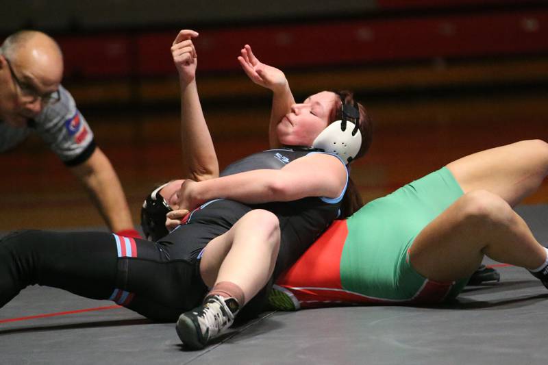 Ottawa's Ciara Bolf and L-P's Amelia Buckley wrestle on Thursday, Jan. 9, 2025 in Sellett Gymnasium at L-P High School.