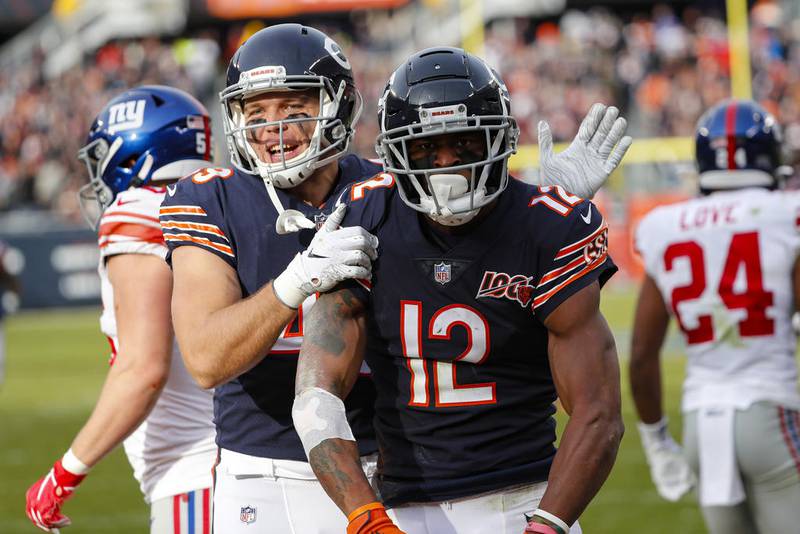 Chicago Bears wide receiver Allen Robinson (12) celebrates his touchdown with Jesper Horsted during the second half Nov. 24, 2019 against the New York Giants in Chicago.