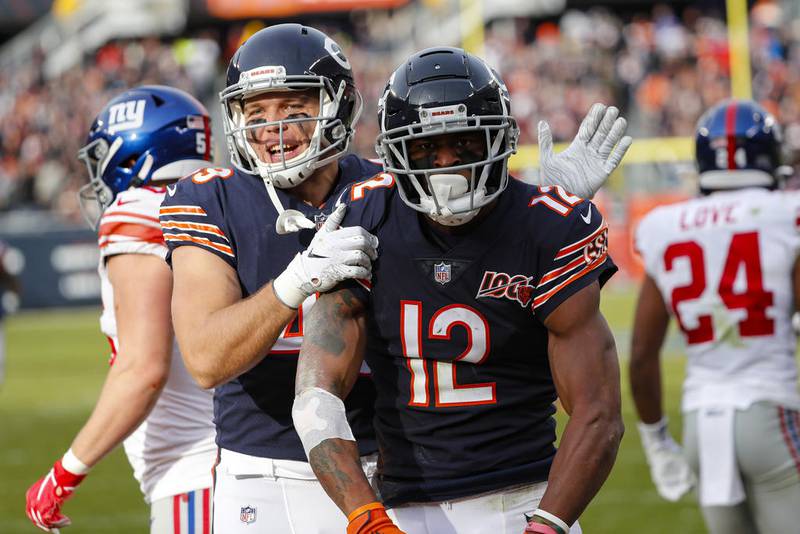 Chicago Bears wide receiver Allen Robinson (12) celebrates his touchdown with Jesper Horsted during the second half Nov. 24, 2019 against the New York Giants in Chicago.
