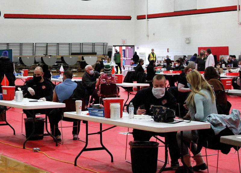 FILE PHOTO: Vaccine stations filled the gymnasium at Yorkville High School Feb. 7, for the second day of a mass vaccination event led by the Kendall County Health Department.