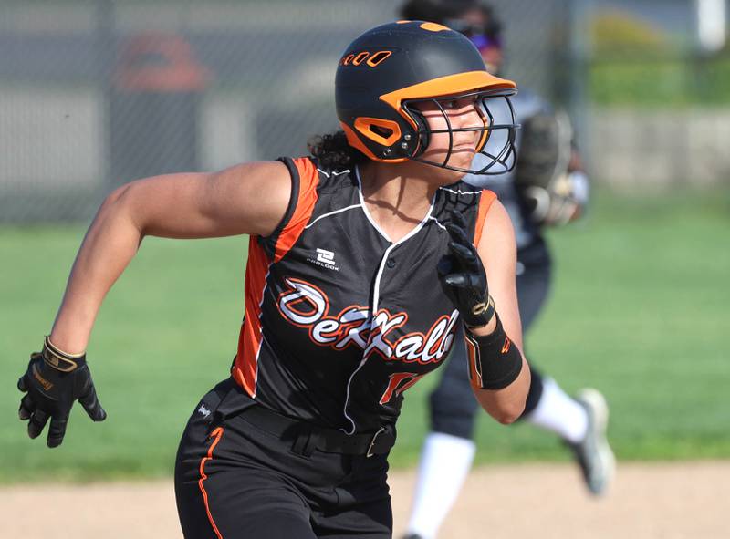 DeKalb's Sydney Miles heads for third Wednesday, April 22, 2026, during their game against Metea Valley at DeKalb High School.
