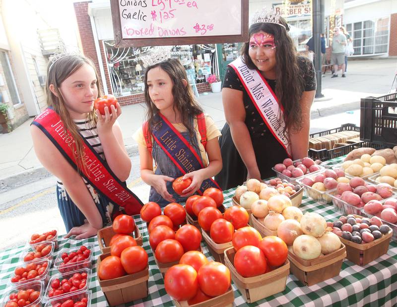 Olivia Eisenmenger, 11, of Lakemoor (2021 Jr. Sparkling Star 2021), Andrea Estrada, 10, of Lakemoor (Little Shining Star 2021) and Natalie Killian, 11, of Wauconda (Jr. Miss Wauconda 2021) check out the fruit and vegetables at the Harms Farm produce stand at the Wauconda Farmers’ Market in downtown Wauconda. The farmers’ market runs on Thursday afternoons from 4-7pm through September 29th.