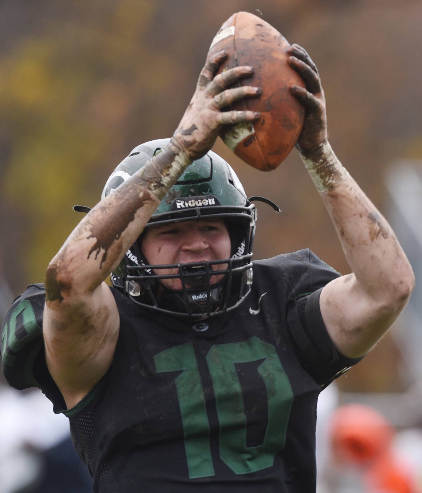 Joe Lewnard/jlewnard@dailyherald.com
Glenbard West Brandon Kud celebrates after recovering a Glenbrook South fumble during the Class 8A second round football game in Glen Ellyn Saturday.
