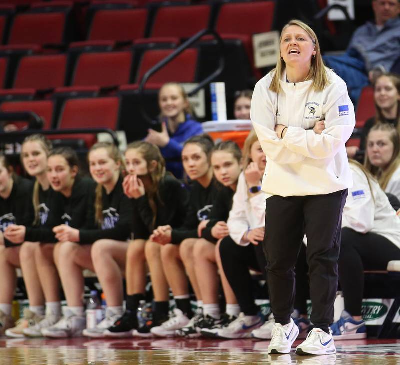 Geneva head girls basketball coach Sarah Meadows coaches her team during the Class 4A third place game on Friday, March 3, 2023 at CEFCU Arena in Normal.