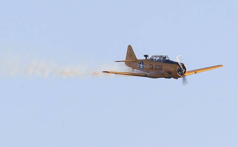 A T-6 Texan flies during the 10th annual TBM Avenger Reunion and Airshow on Friday, May 16, 2025 at the Illinois Valley Regional Airport in Peru.