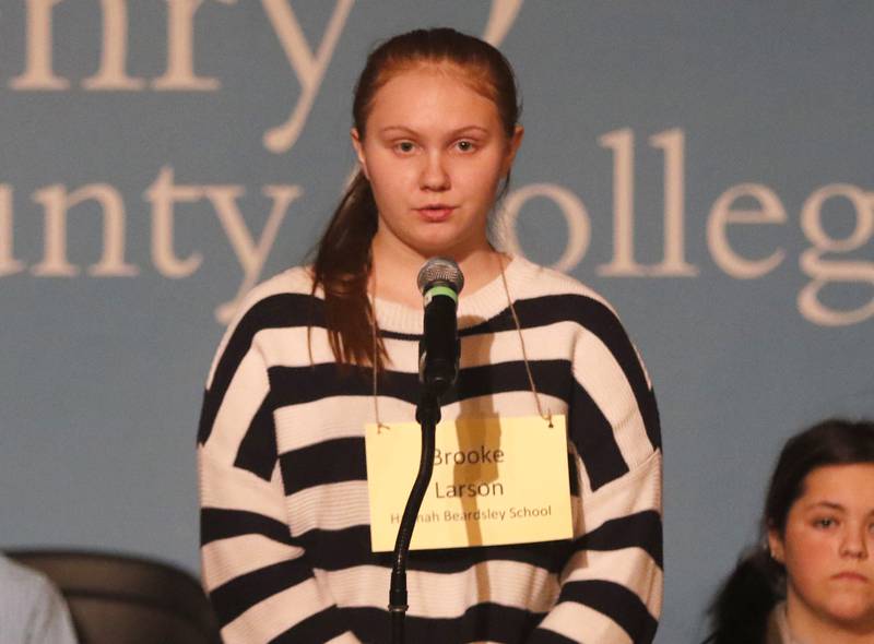 Brooke Larson of Hannah Beardsley Middle School in Crystal Lake competes in the McHenry County Regional Office of Education's 2023 spelling bee Wednesday, March 22, 2023, at McHenry County College's Luecht Auditorium in Crystal Lake.