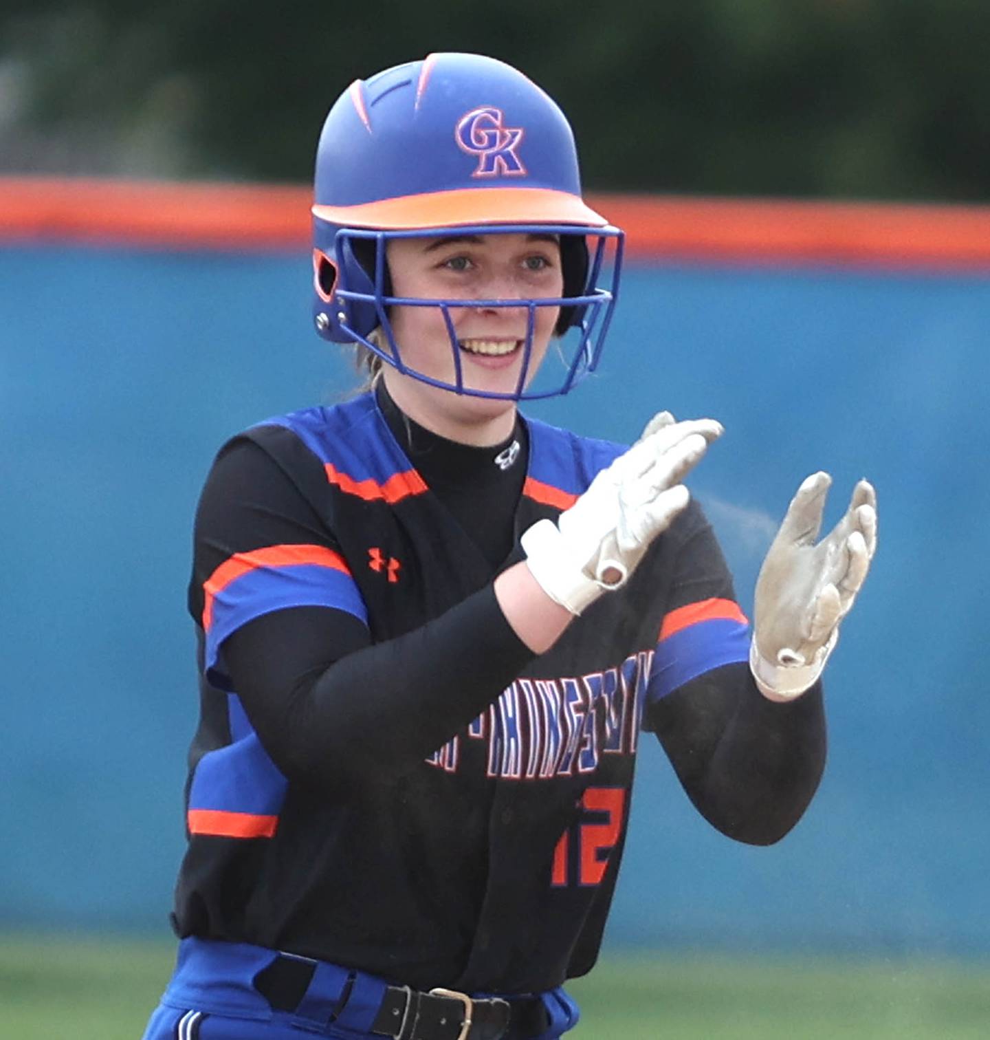 Genoa-Kingston's Christine Venditti gives herself a hand after hitting a double during their game against Winnebago Thursday, April 28, 2022, at Genoa-Kingston High School.