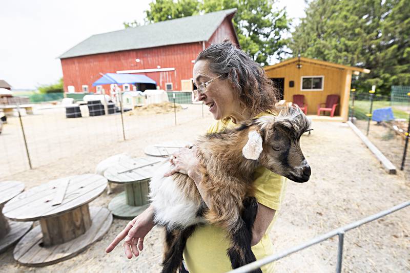 Abby holds Revolution, a mini silky fainter, Tuesday, June 6, 2023, one for several goats the family raised on the bottle.