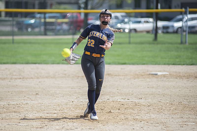 Sterling’s Elizabeth Palumbo fires a pitch against Rock Falls Saturday, May 14, 2022.